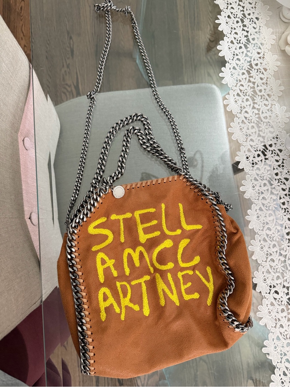 Stella McCartney Brown Shoulder Bag with Yellow Script and Silver Chain